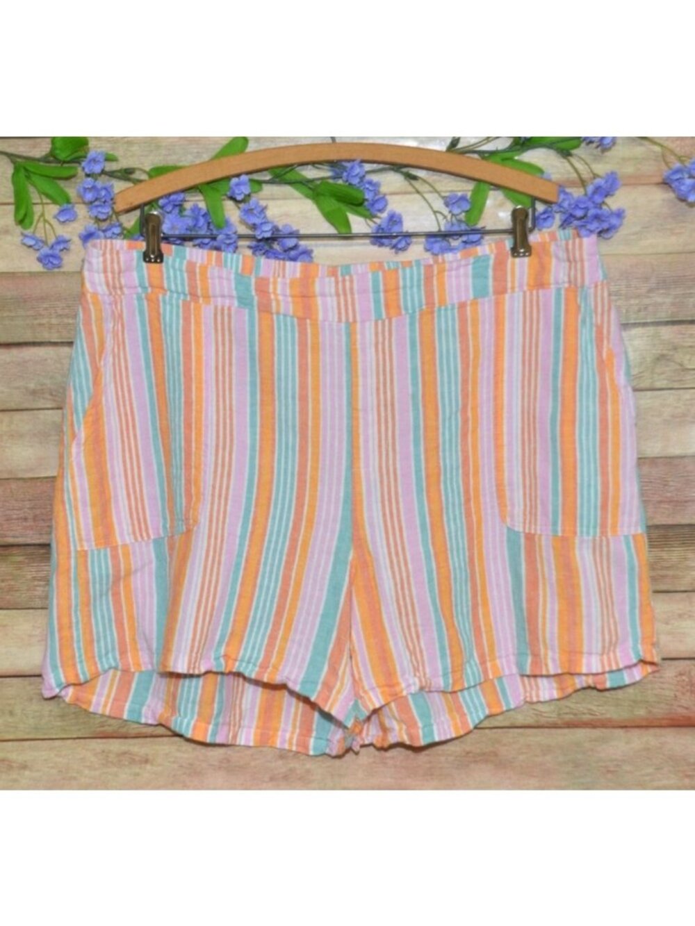 Cato Linen Blend Pastel Striped Short Womens XL Pull On High Rise Pockets Preppy